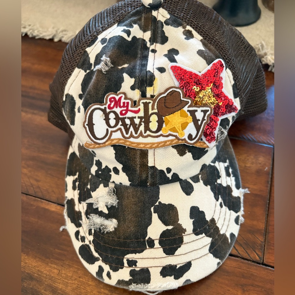 C.C Cow Print Cowboy Hat with Red and Yellow Star